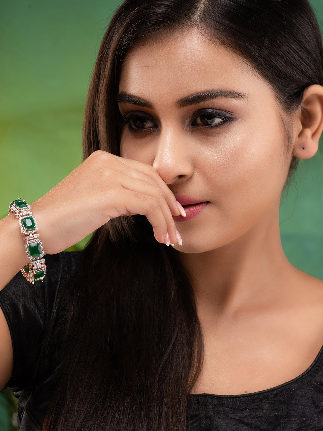 Women Rose Gold & Green Brass AD Handcrafted Rose GoldPlated Link Bracelet, zaveri pearls, sale price rs, sale price, sale gold plated, sale gold, sale, rubans, ring, regular price, priyassi